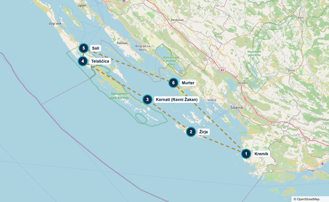 Mapa trasy Kornati a Dugi otok